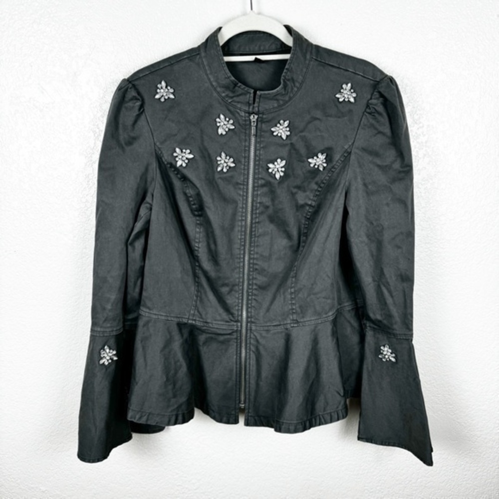 INC International Concepts Gray Peplum Military Zip Up Jacket Rhinestone Detail